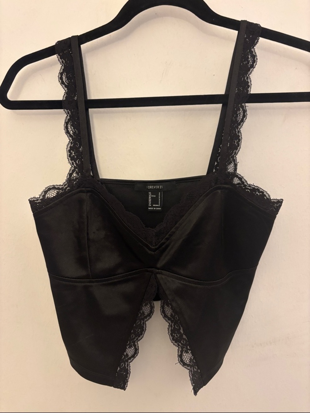 Forever 21 Black Satin Lace-Trim Crop Top
